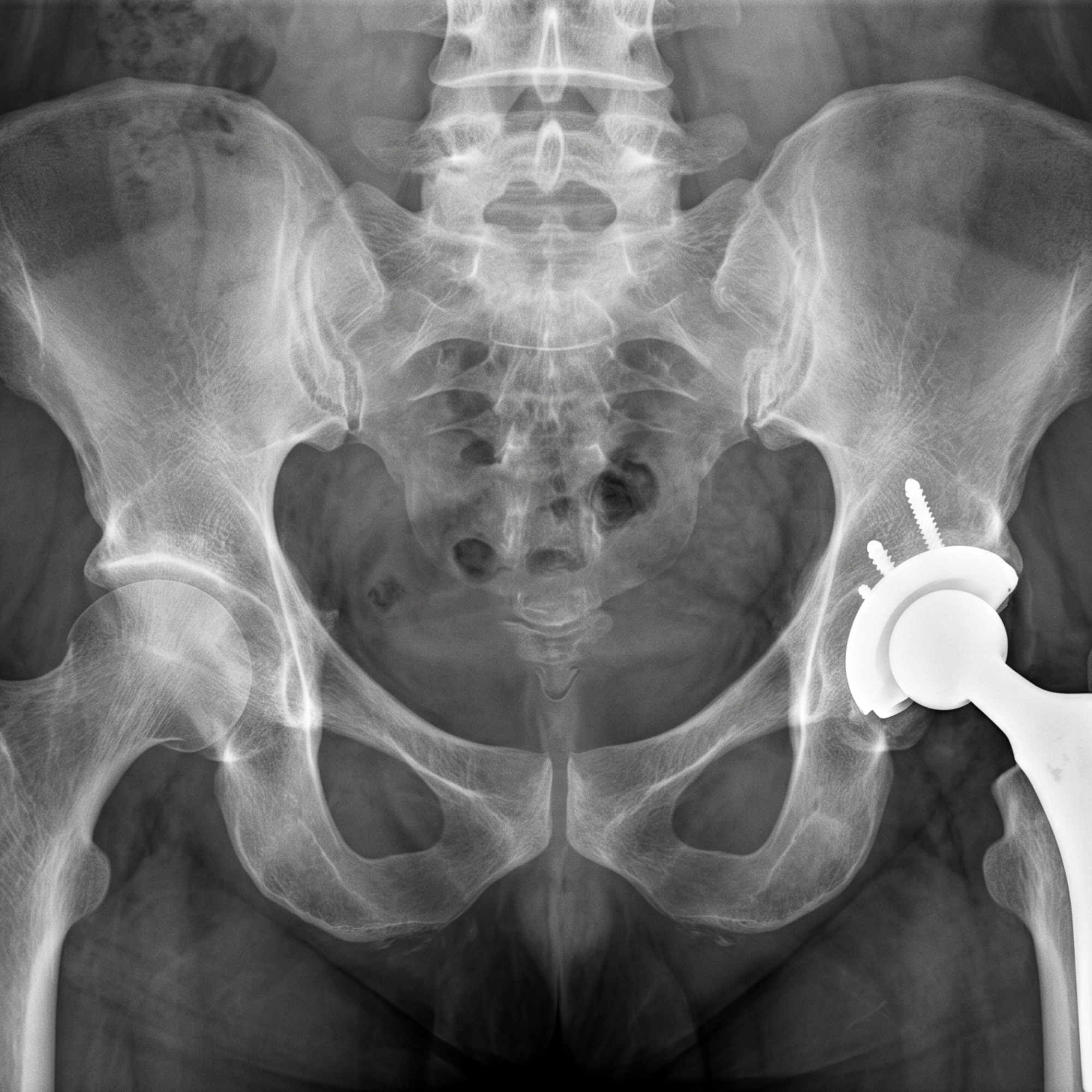 A black-and-white medical X-ray of a human pelvis, prominently displaying a metal hip replacement implant on one side
