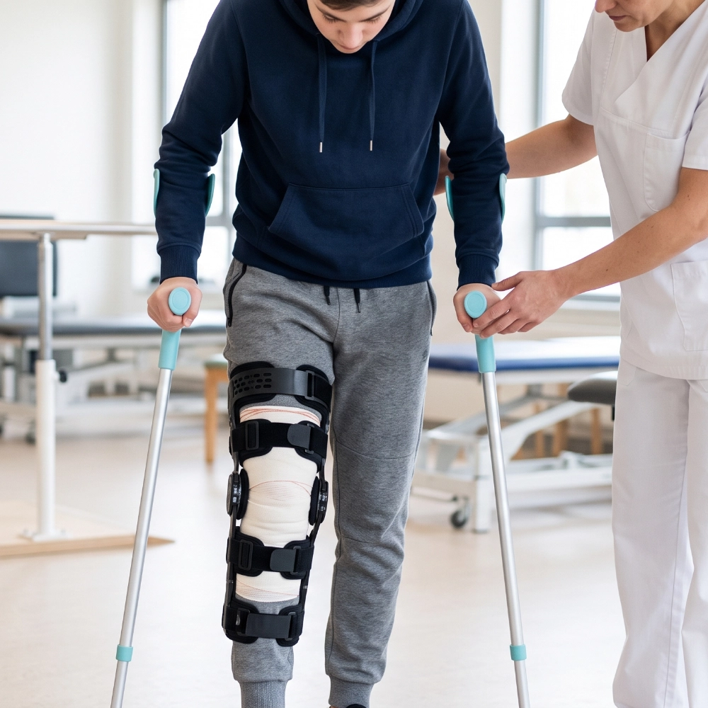A person standing with the assistance of crutches. Their right leg is fitted with a large, black, hinged orthopedic brace over a white bandage. A healthcare professional stands partially visible next to them.