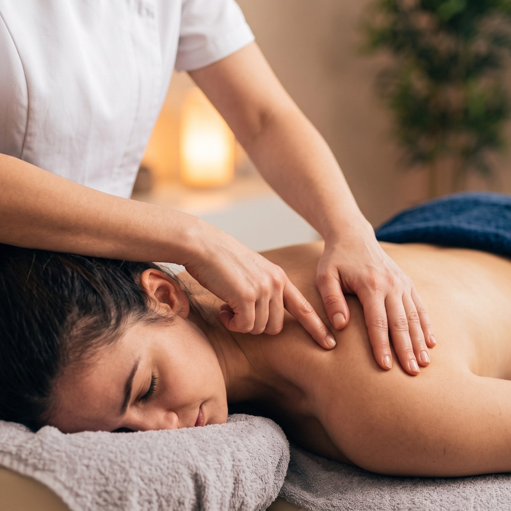 A close-up view of a massage therapist's hands firmly pressing into a client's upper back and neck area during a soft tissue massage